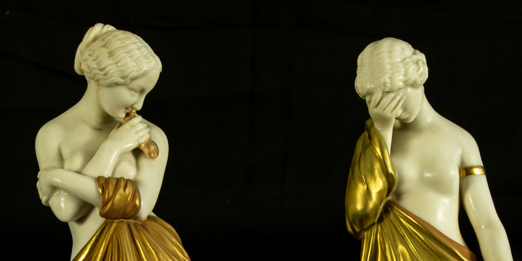 Royal Worcester ˜Joy and Sorrow™ Figurines by James Hadley, 1902, Antique