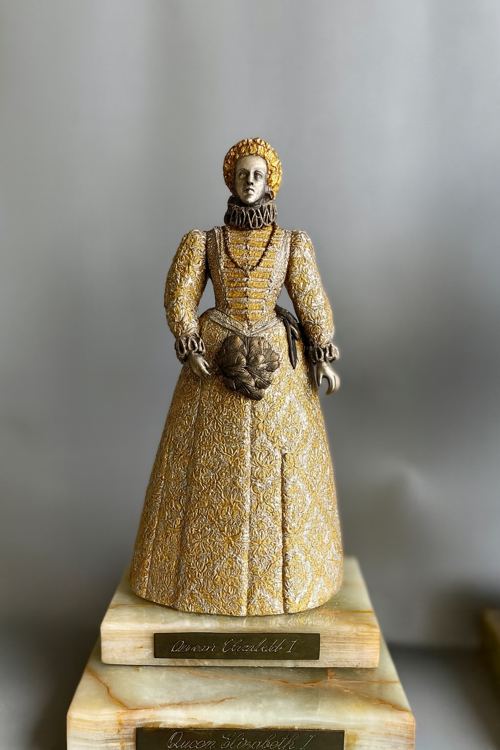 Bronze Figure, Queen Elizabeth I, Charles I, Gilded and Silvered, Onyx Base