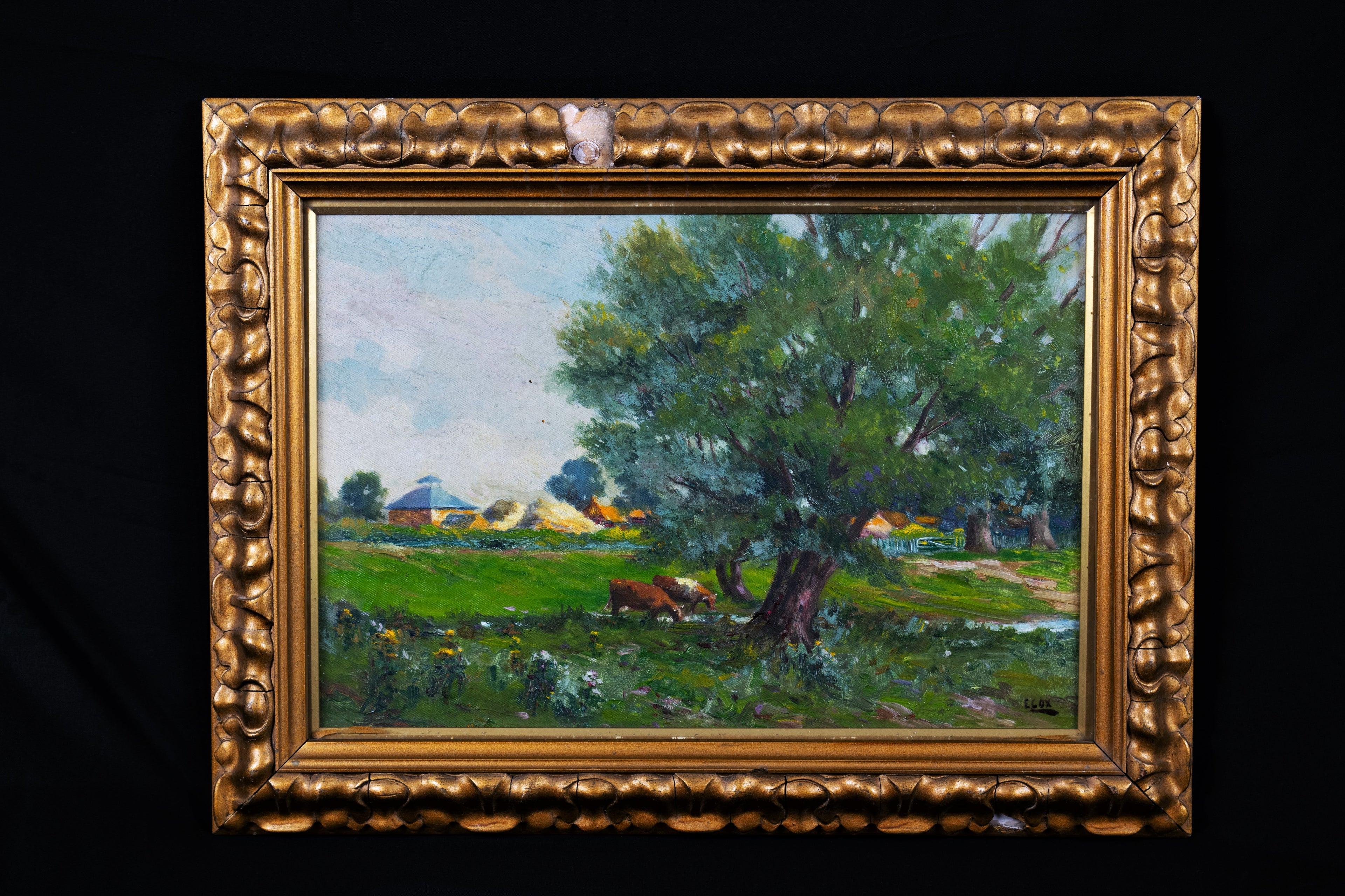 Antique Oil Painting on Canvas, Gilt Framed, Ernest Cox, British school, Cattle in Wilford