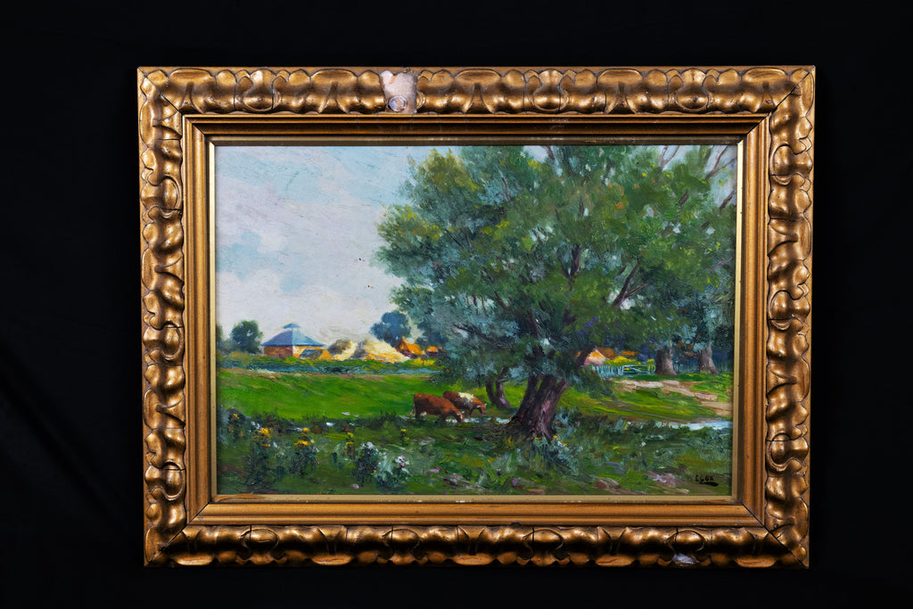 Oil painting Antique 'Cattle in Wilford' E Cox English School signed& gilt framed