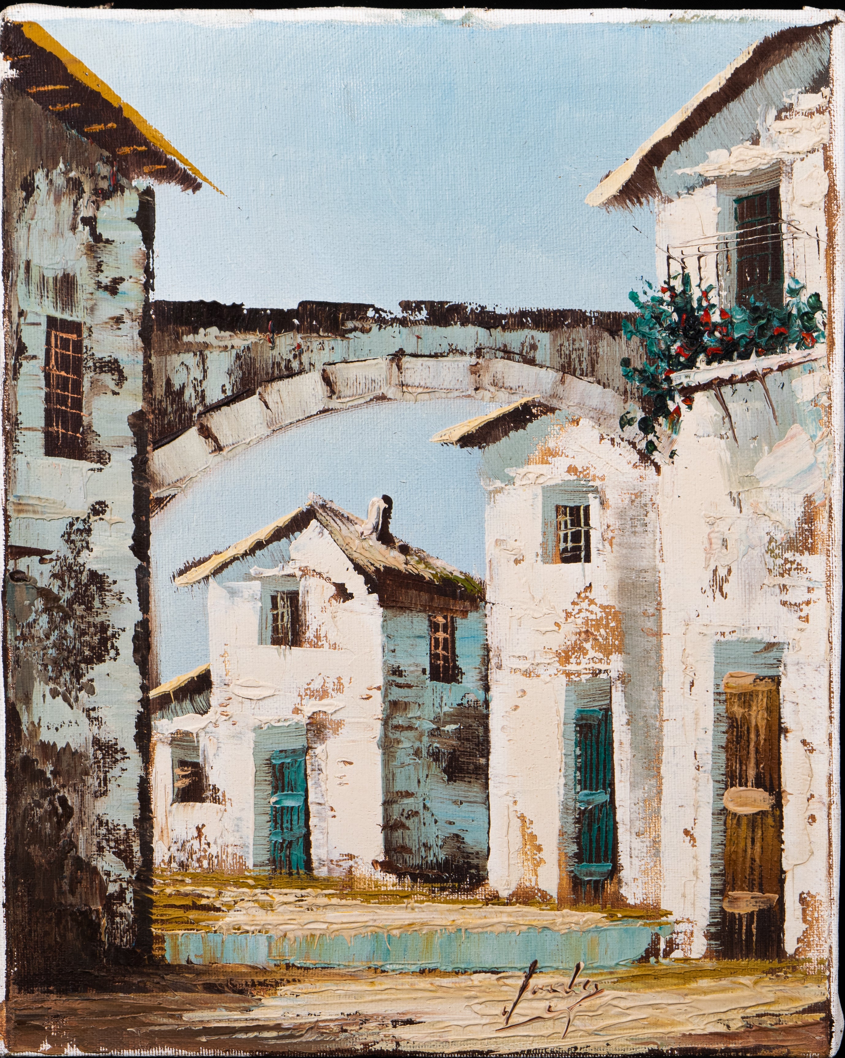 Contemporary, oil painting , Santorini, 'Coastal Serenity'