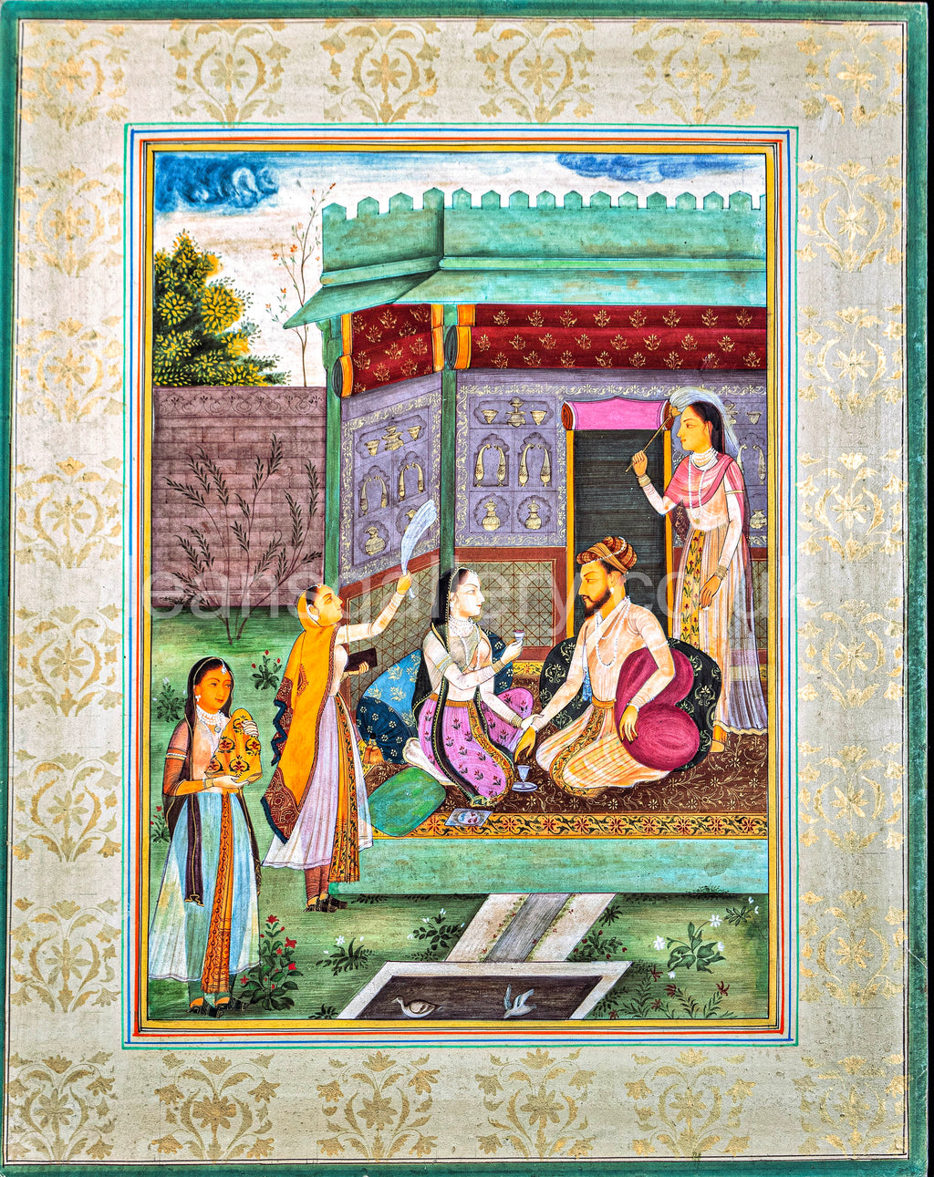 Mughal, Miniature Painting, Gouache, Court Scene, Indian, Antique Style,
