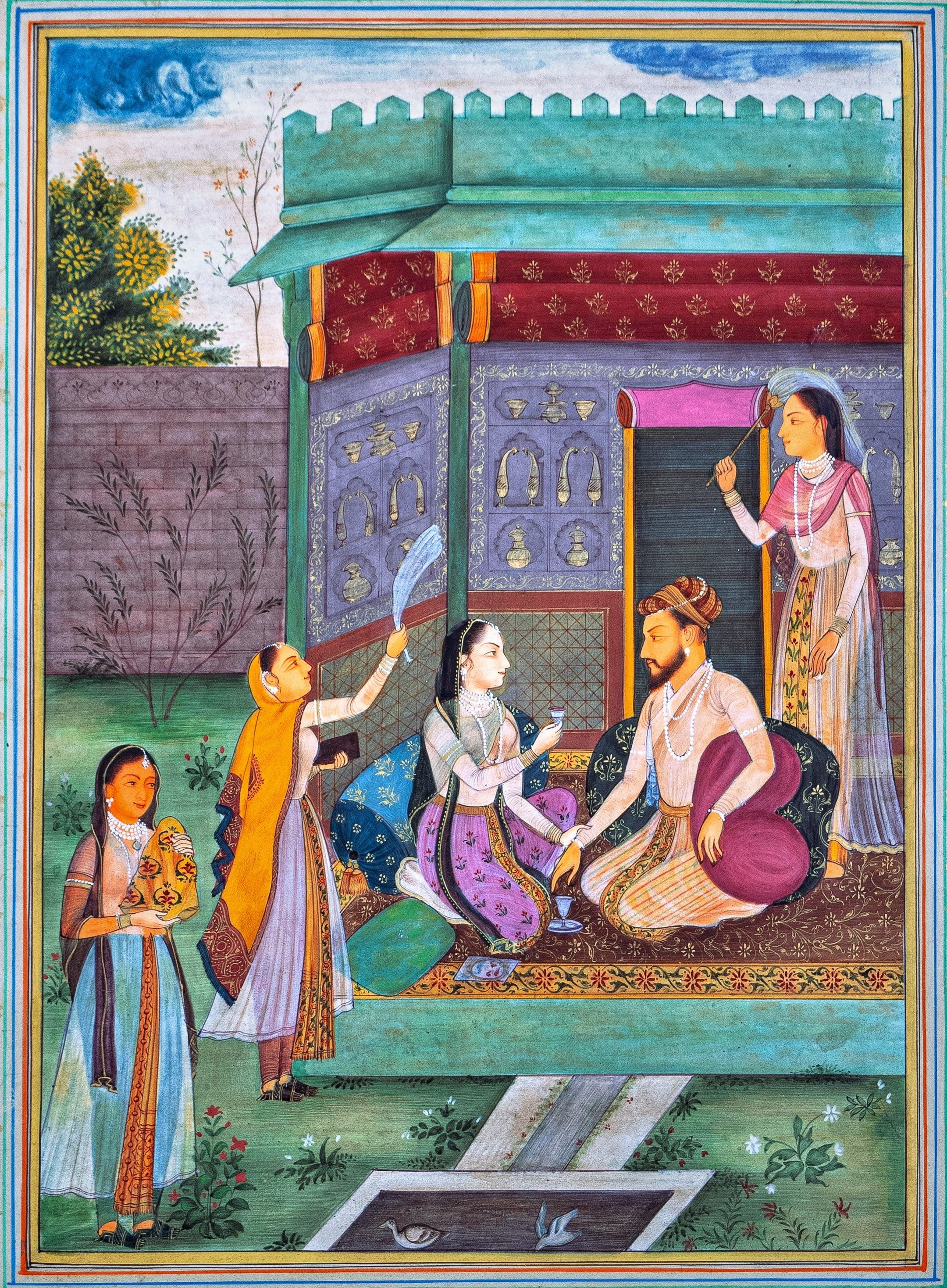 Mughal, Miniature Painting, Gouache, Court Scene, Indian, Antique Style,