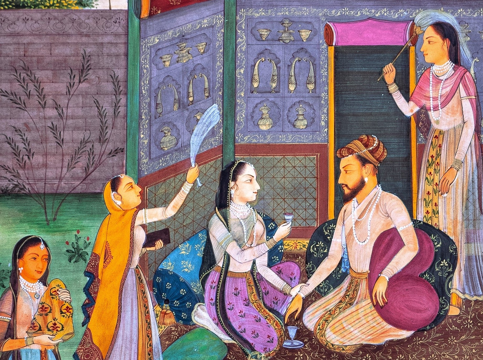 Mughal, Miniature Painting, Gouache, Court Scene, Indian, Antique Style,