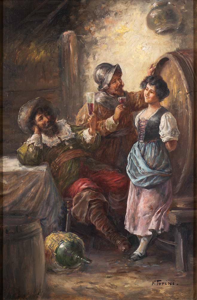 Oil Painting,  A Lively Night at the Tavern, Italian F. Torrini