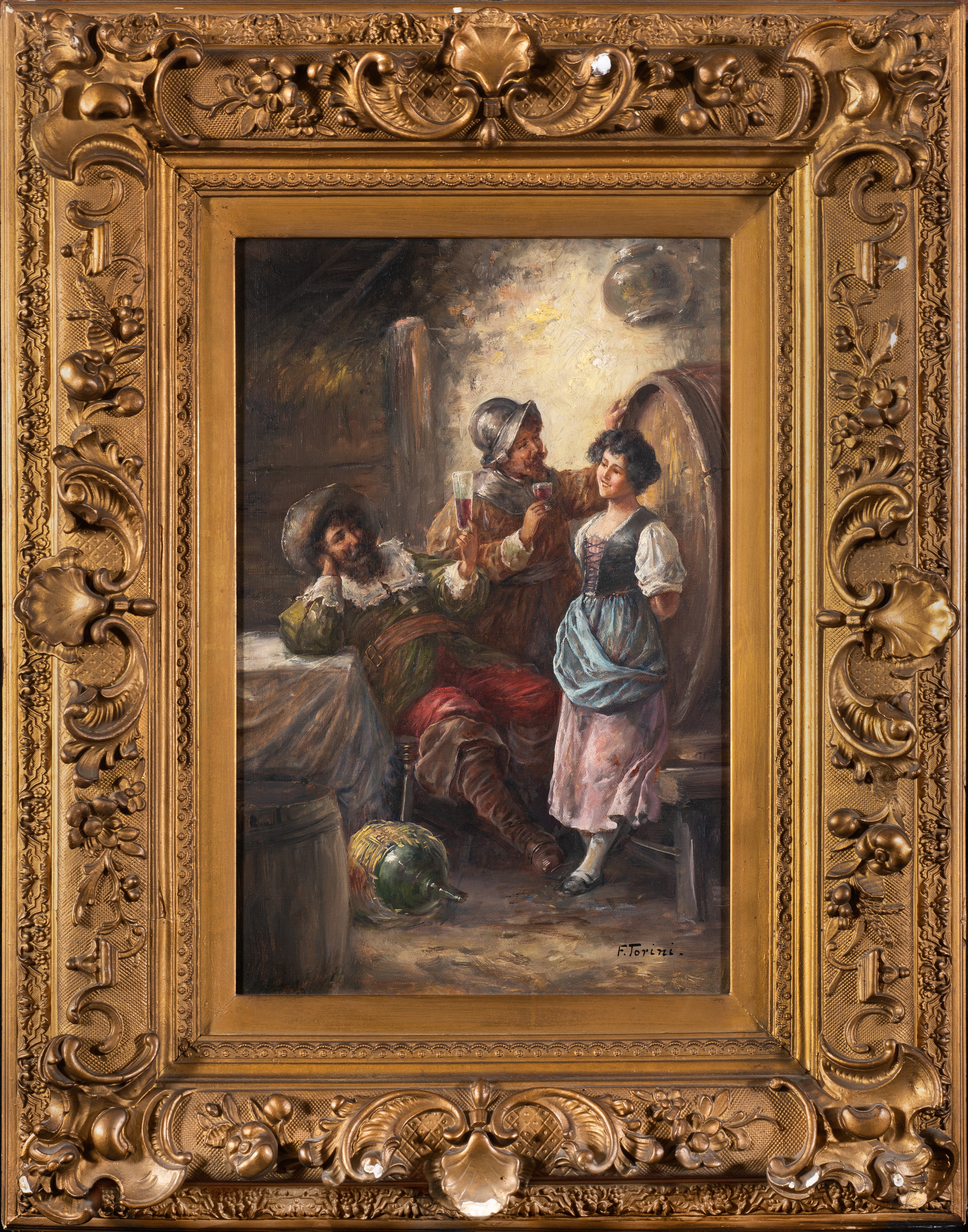 Oil Painting,  A Lively Night at the Tavern, Italian F. Torrini