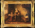 Oil Painting, Antique, German, Mother and Children in a Cottage, signed