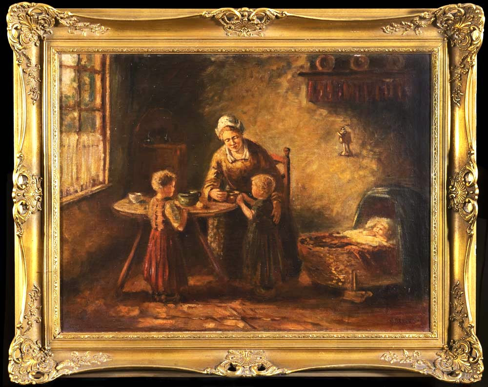 Oil Painting, Antique, German, Mother and Children in a Cottage, signed