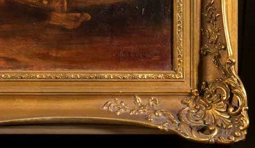 Oil Painting, Antique, German, Mother and Children in a Cottage, signed