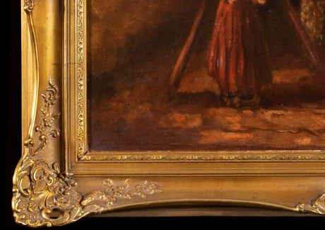 Oil Painting, Antique, German, Mother and Children in a Cottage, signed