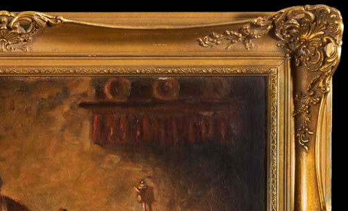 Oil Painting, Antique, German, Mother and Children in a Cottage, signed