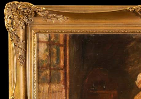 Oil Painting, Antique, German, Mother and Children in a Cottage, signed