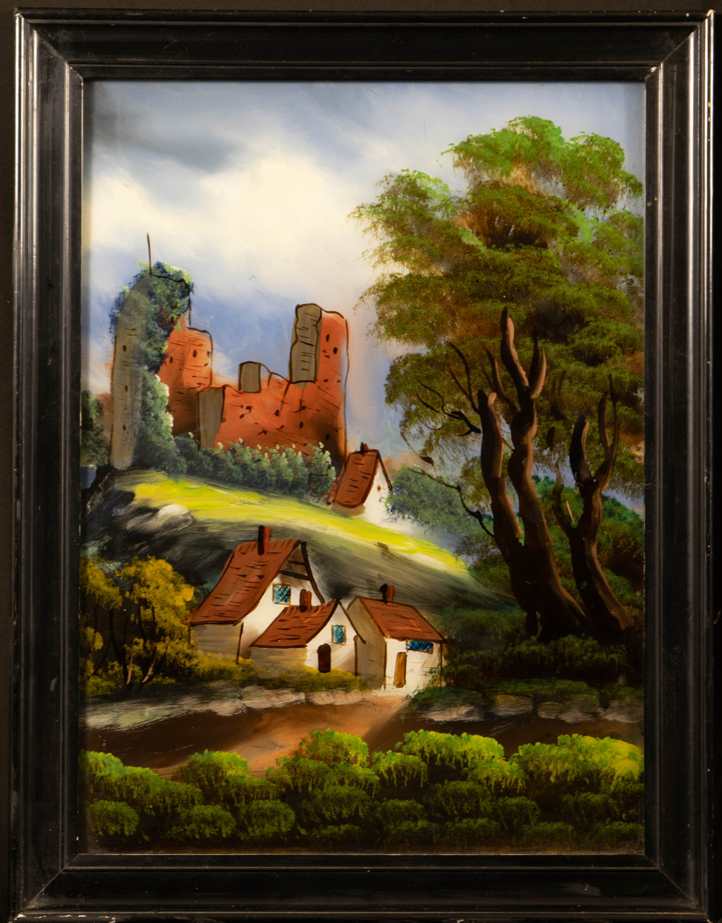 Glass  painting, Antique  English folk art, reverse painting