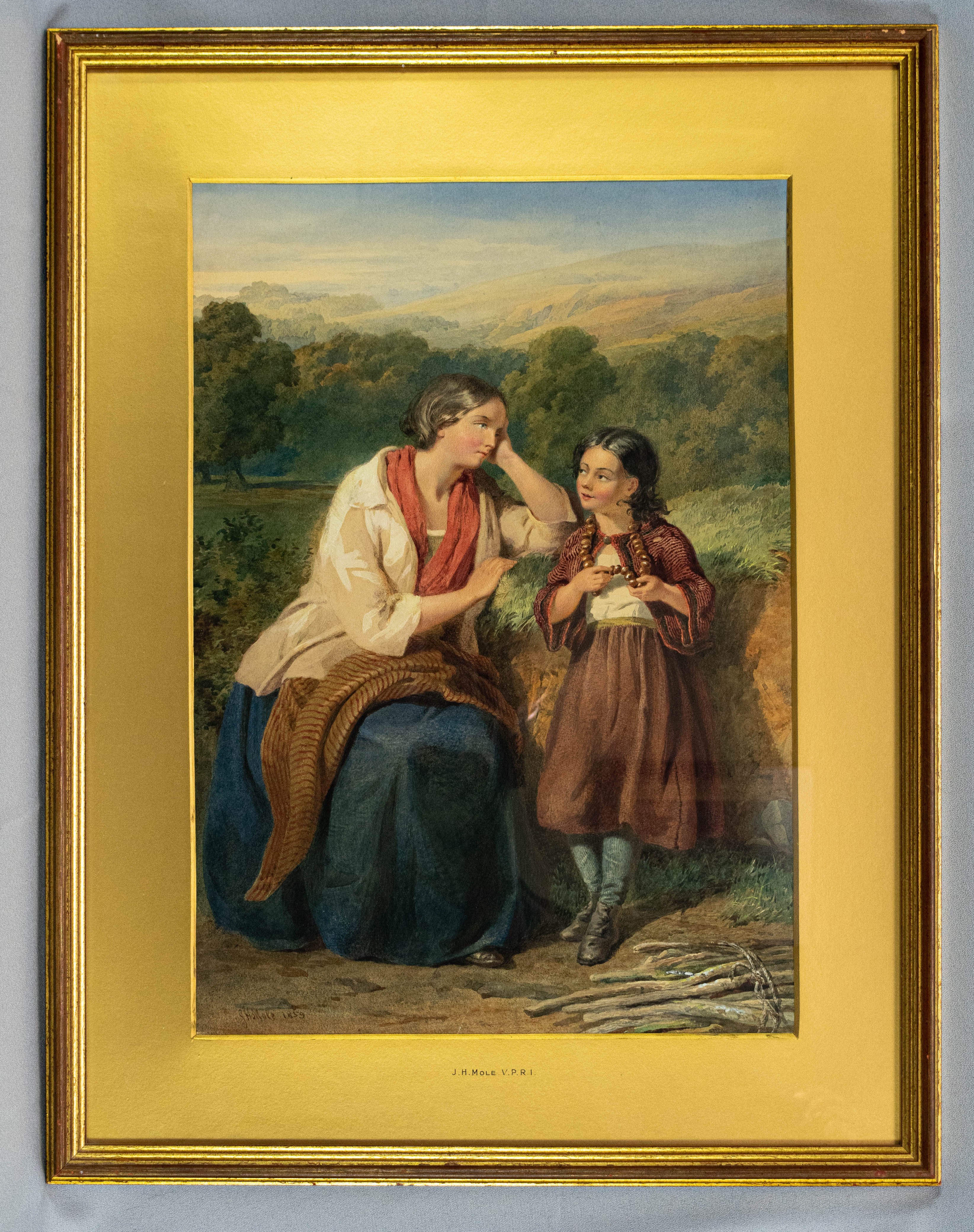 Water Colour, Antique, 19th C, gilt framed, Tender Moments, John Henry Mole (1814–1886)