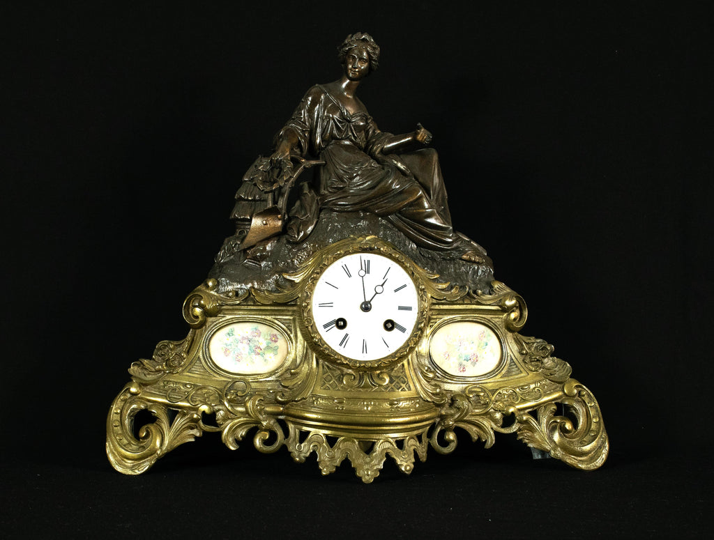 Stunning Antique French Figural Mantel Clock, Brass & Bronze Finish, Lady Garden Scene, c.19th Century