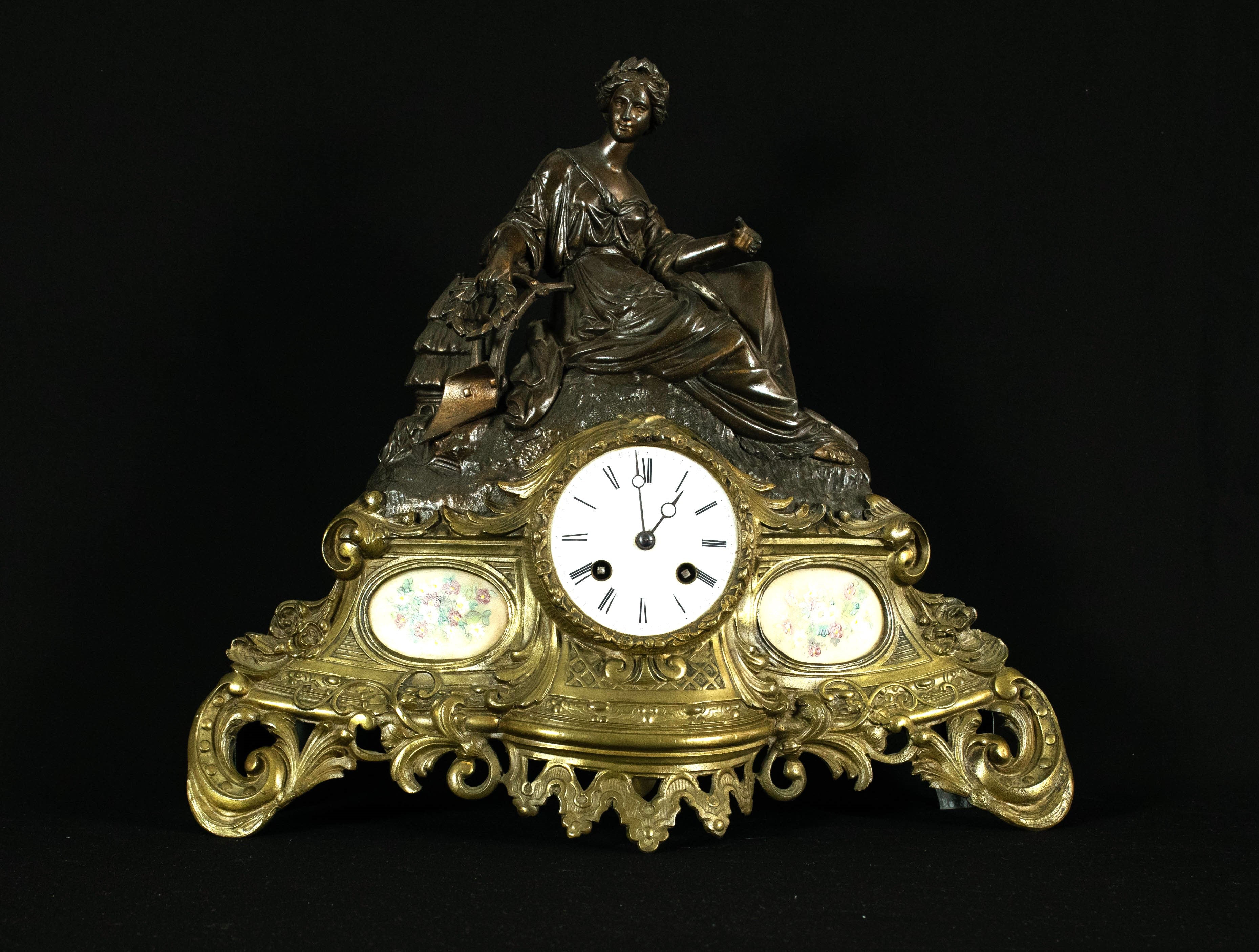 Stunning Antique French Figural Mantel Clock, Brass & Bronze Finish, Lady Garden Scene, c.19th Century