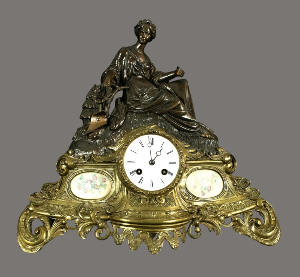 Antique French Figural Mantel Clock – Samuel Marti, Bronze & Ormolu, Seated Lady, 19th Century