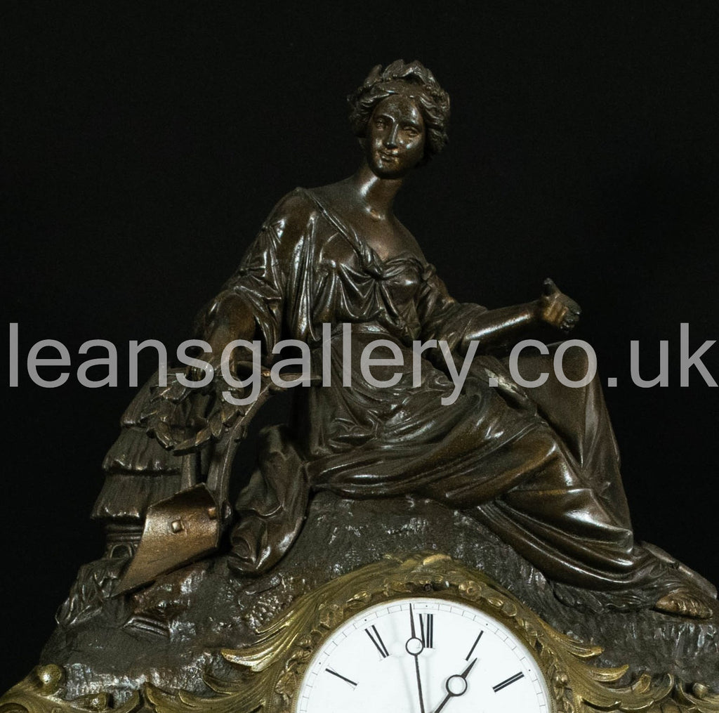Stunning Antique French Figural Mantel Clock, Brass & Bronze Finish, Lady Garden Scene, c.19th Century