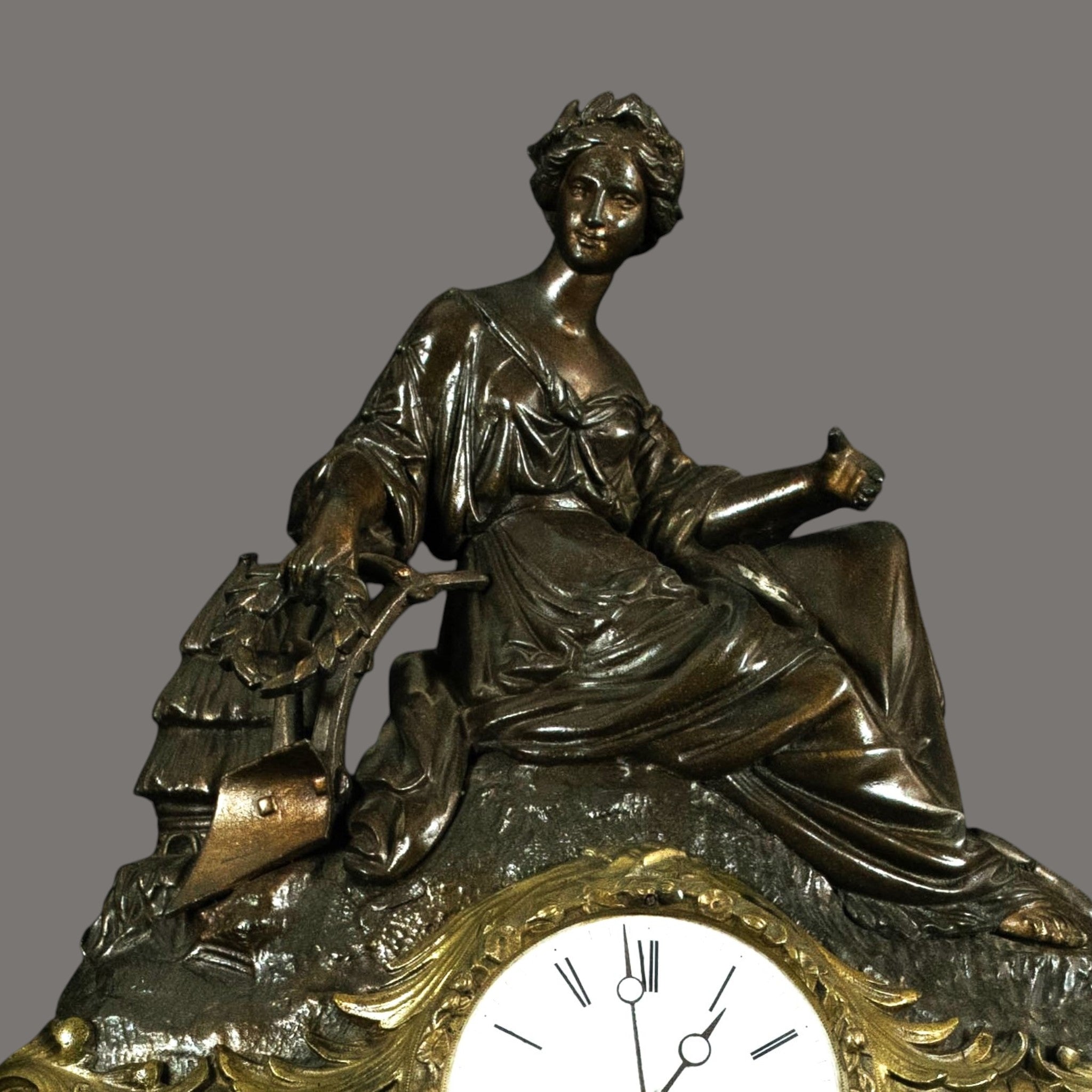 Antique French Figural Mantel Clock – Samuel Marti, Bronze & Ormolu, Seated Lady, 19th Century