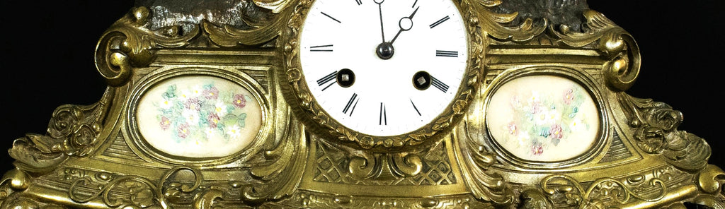 Stunning Antique French Figural Mantel Clock, Brass & Bronze Finish, Lady Garden Scene, c.19th Century