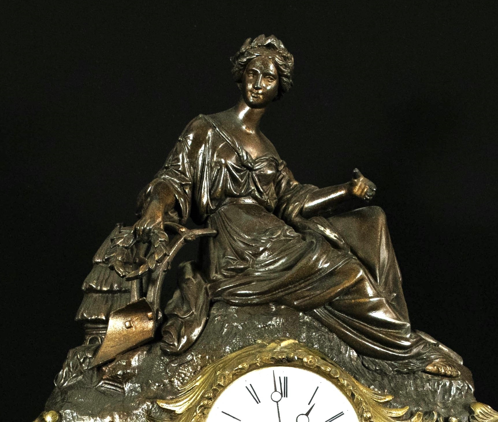 Stunning Antique French Figural Mantel Clock, Brass & Bronze Finish, Lady Garden Scene, c.19th Century