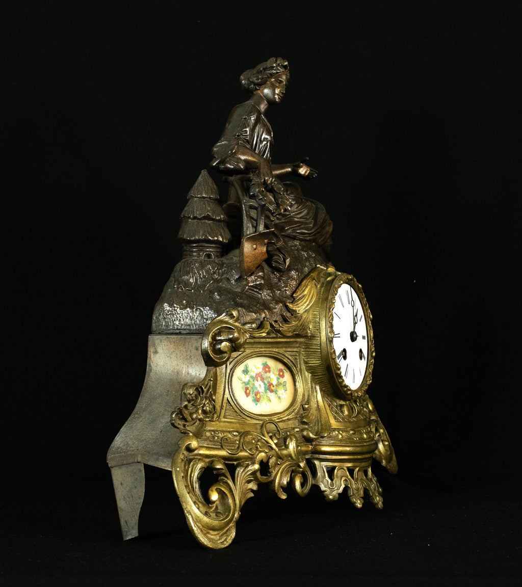 Stunning Antique French Figural Mantel Clock, Brass & Bronze Finish, Lady Garden Scene, c.19th Century