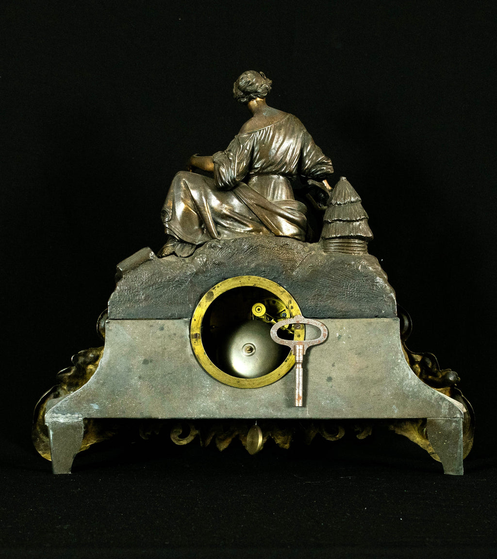 Stunning Antique French Figural Mantel Clock, Brass & Bronze Finish, Lady Garden Scene, c.19th Century