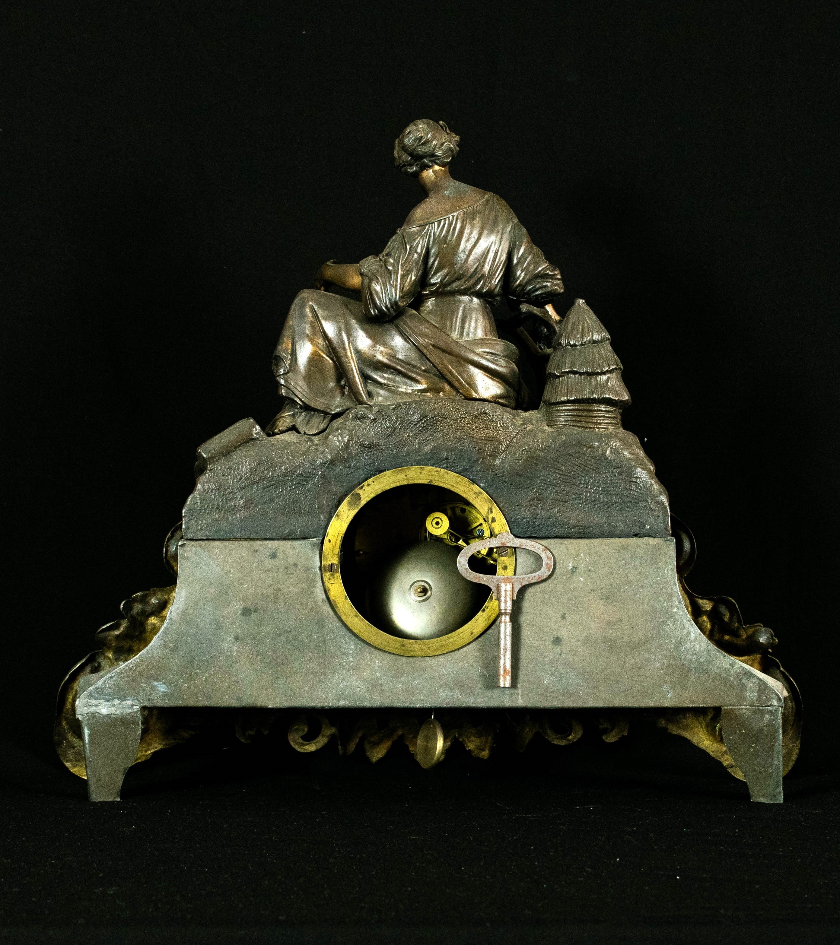 Stunning Antique French Figural Mantel Clock, Brass & Bronze Finish, Lady Garden Scene, c.19th Century