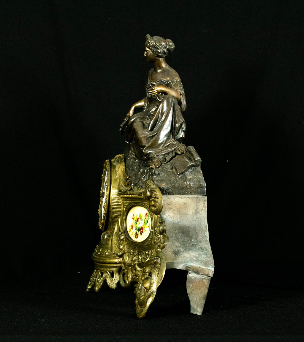 Stunning Antique French Figural Mantel Clock, Brass & Bronze Finish, Lady Garden Scene, c.19th Century