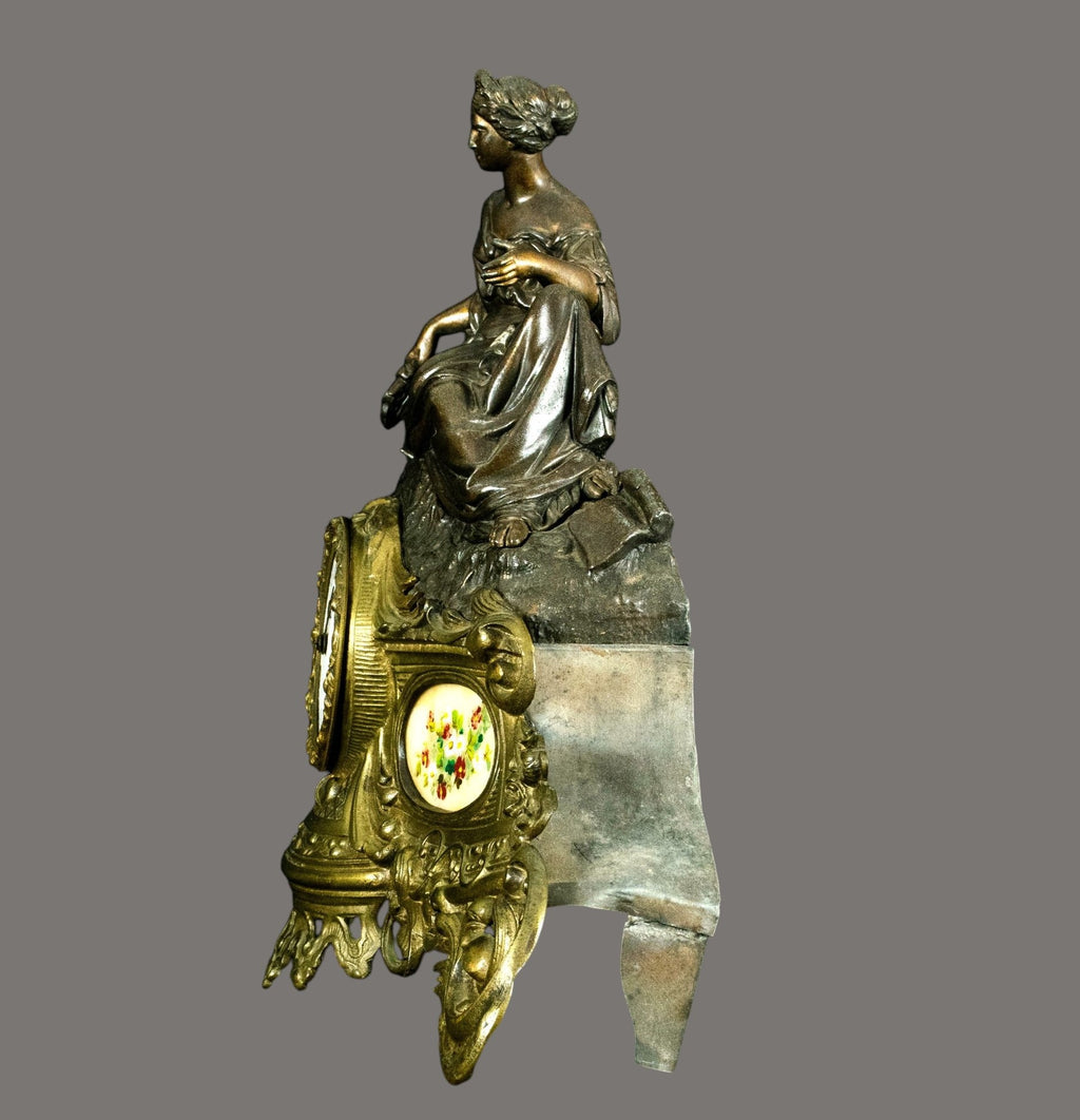Antique French Figural Mantel Clock – Samuel Marti, Bronze & Ormolu, Seated Lady, 19th Century