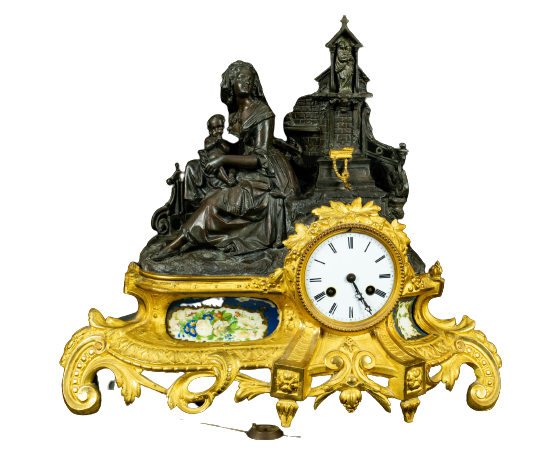 Antique Mantle Clock, 19th Century, French, Gilt Bronze – Mother & Child Figure