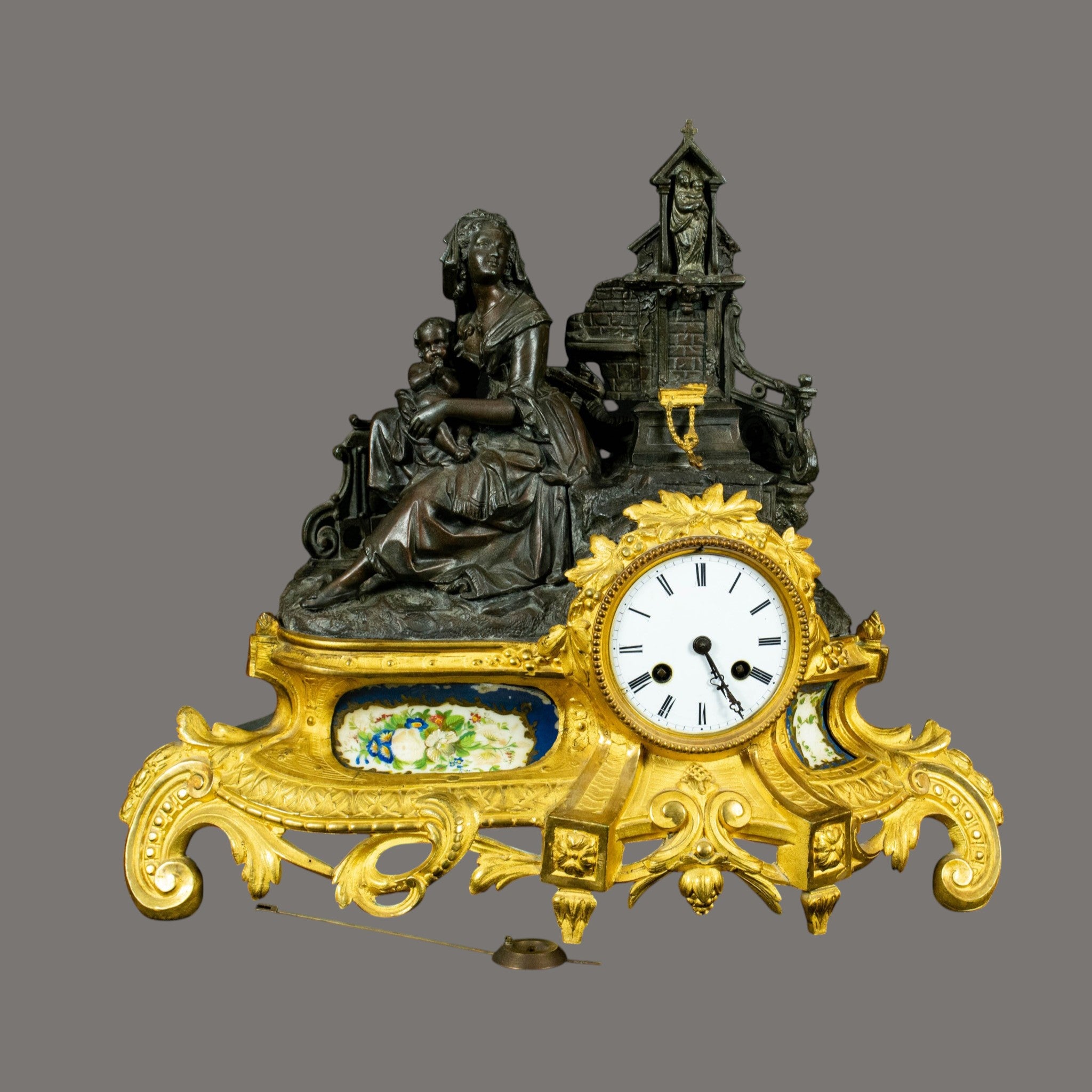 Antique Mantle Clock, 19th Century, French, Gilt Bronze – Mother & Child Figure