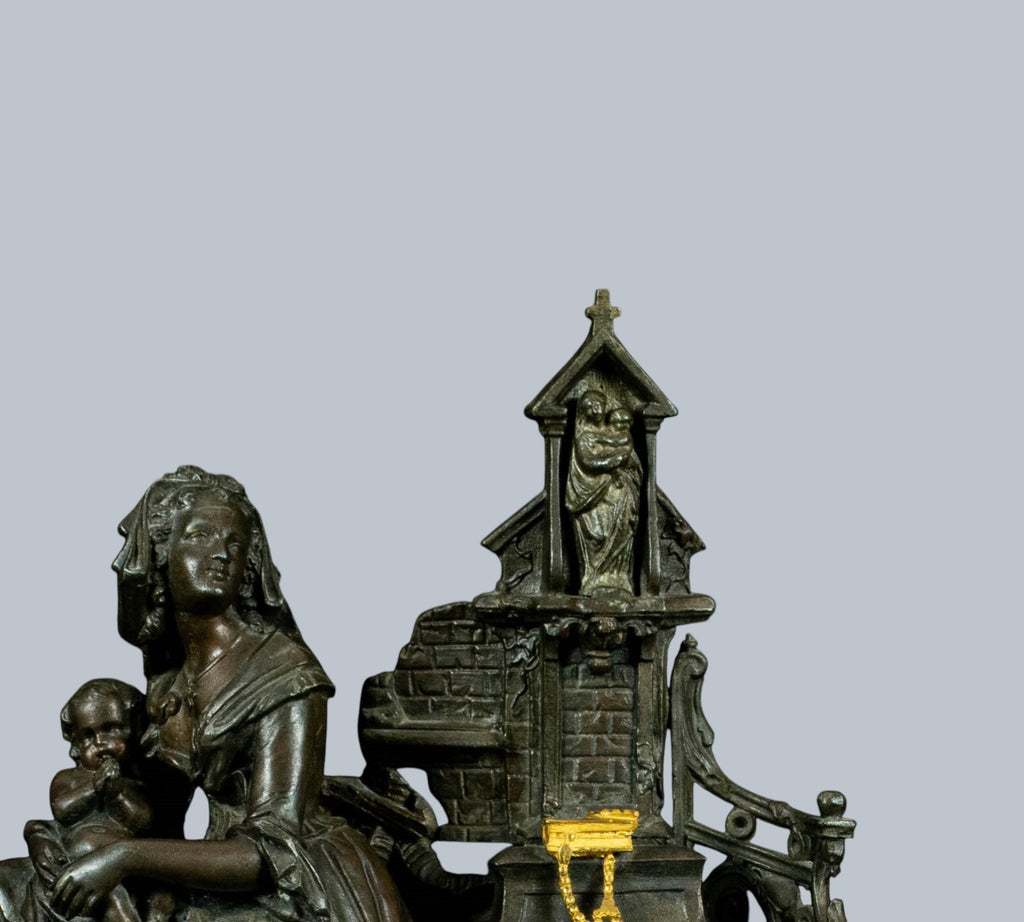 Antique French Mantle Clock, Lady Holding Child Beside Grotto,