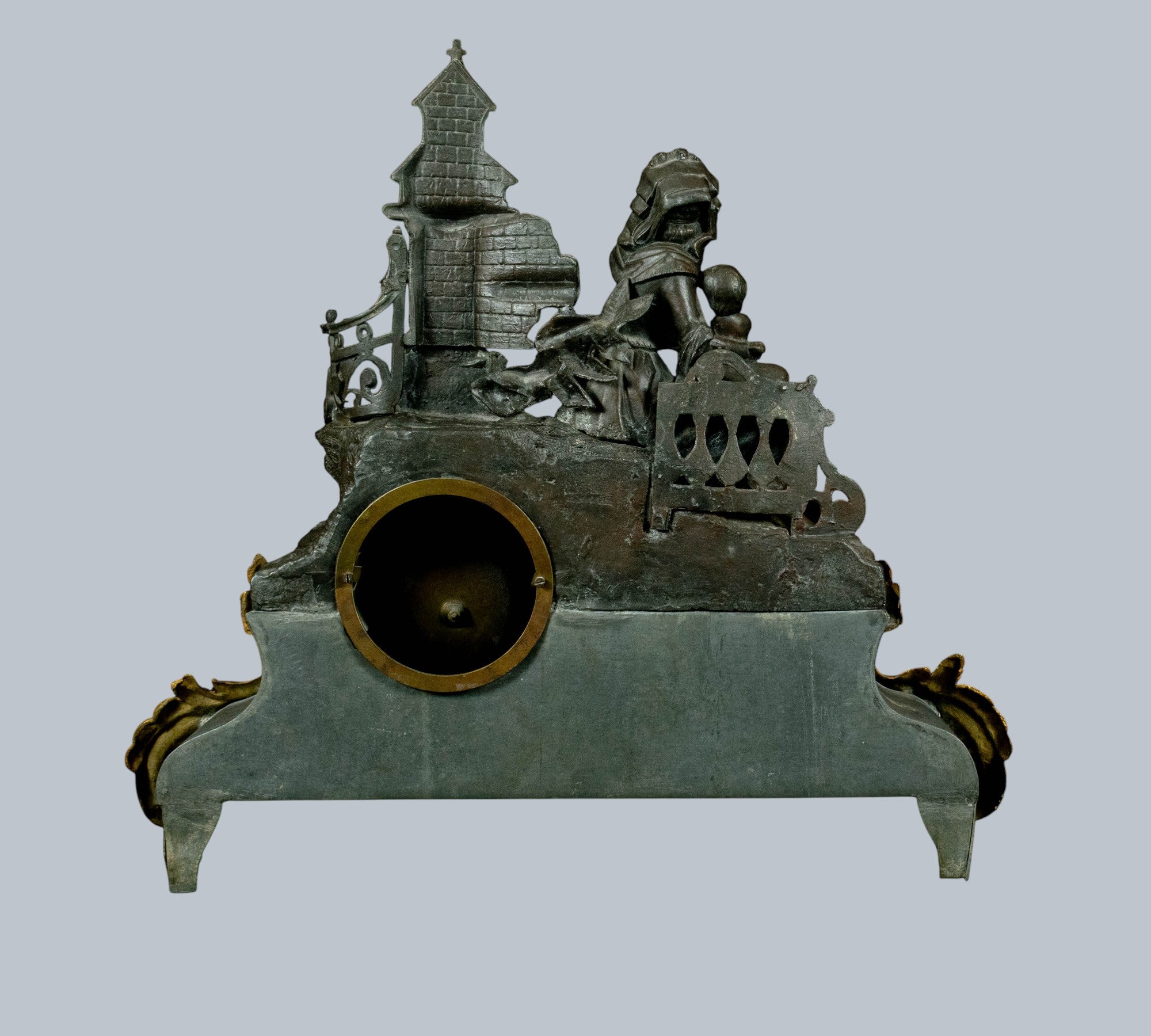 Antique French Mantle Clock, Lady Holding Child Beside Grotto,