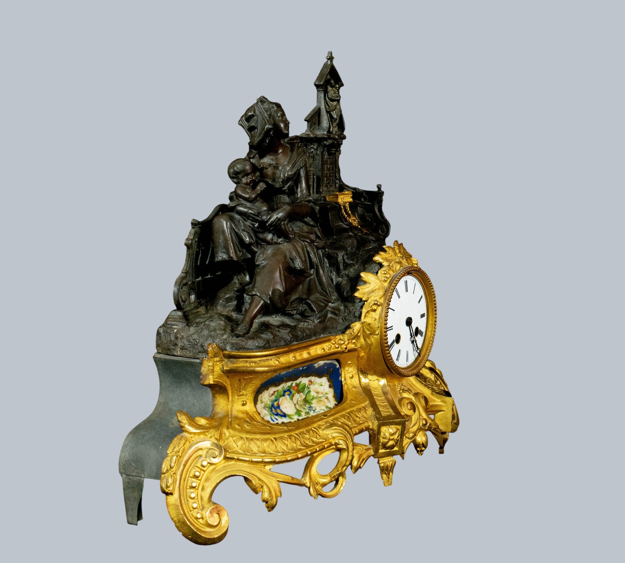 Antique French Mantle Clock, Lady Holding Child Beside Grotto,