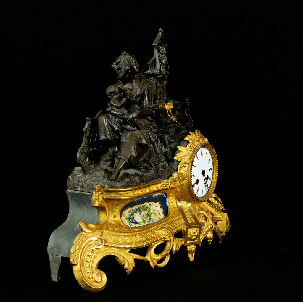Antique French Mantle Clock, Lady Holding Child Beside Grotto,