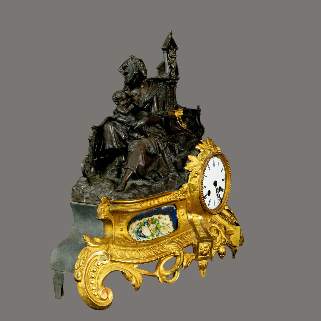 Antique Mantle Clock, 19th Century, French, Gilt Bronze – Mother & Child Figure