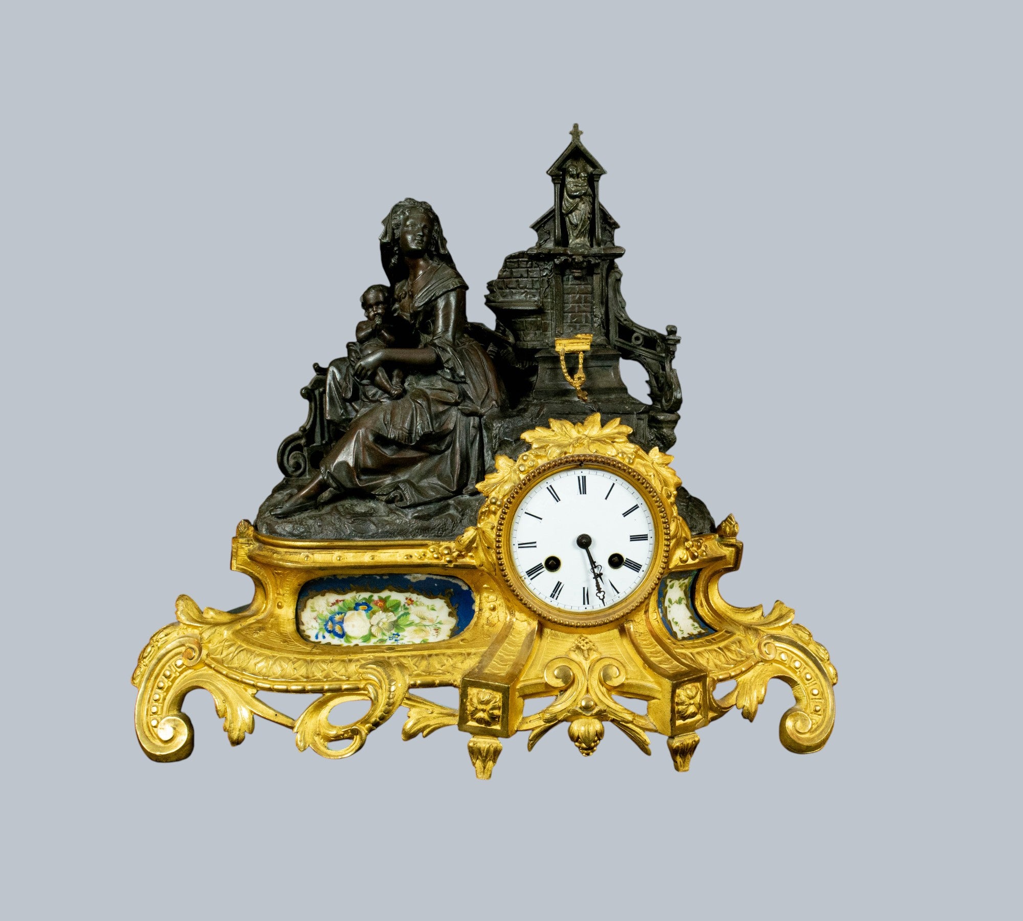 Antique French Mantle Clock, Lady Holding Child Beside Grotto,