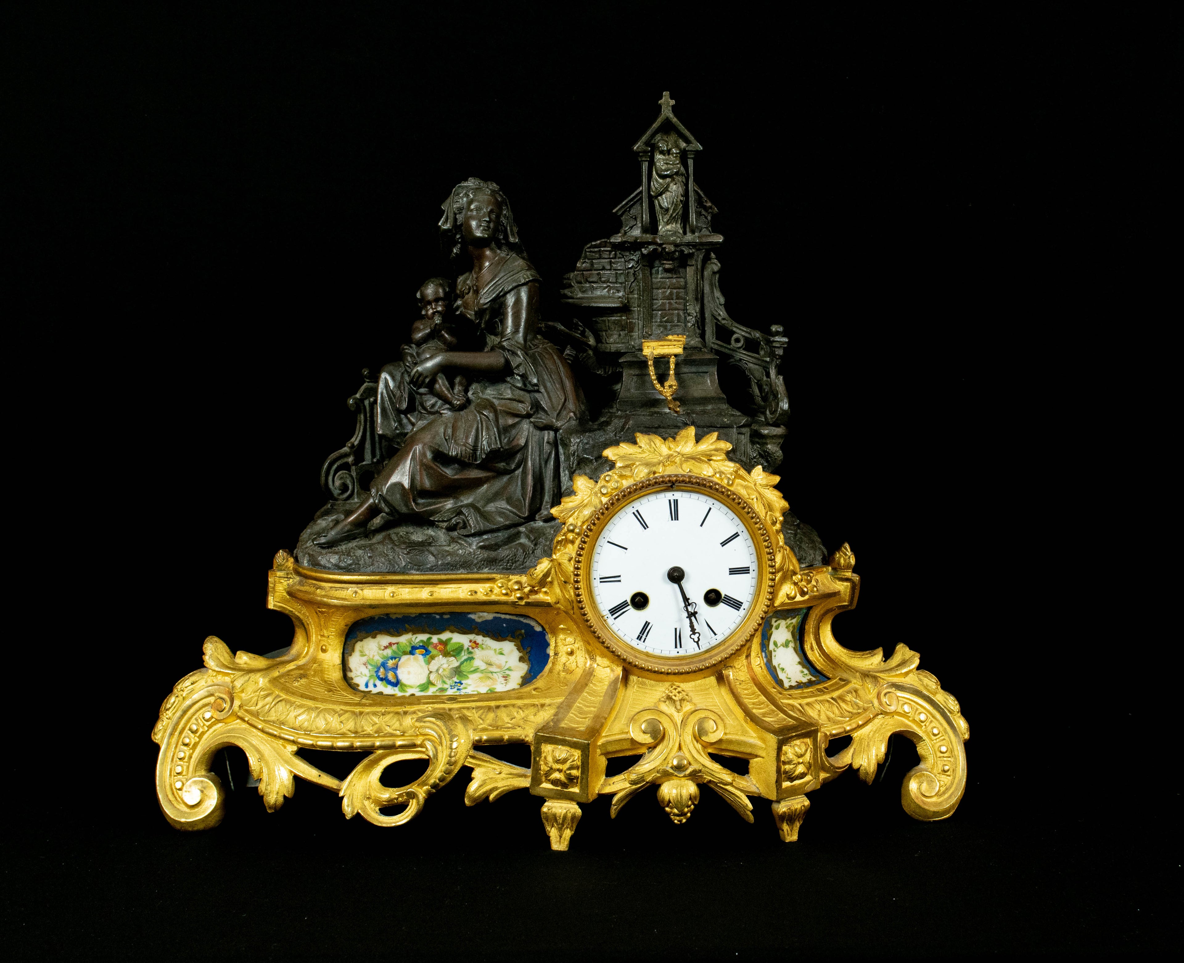 Antique Mantle Clock, 19th Century, French, Gilt Bronze – Mother & Child Figure