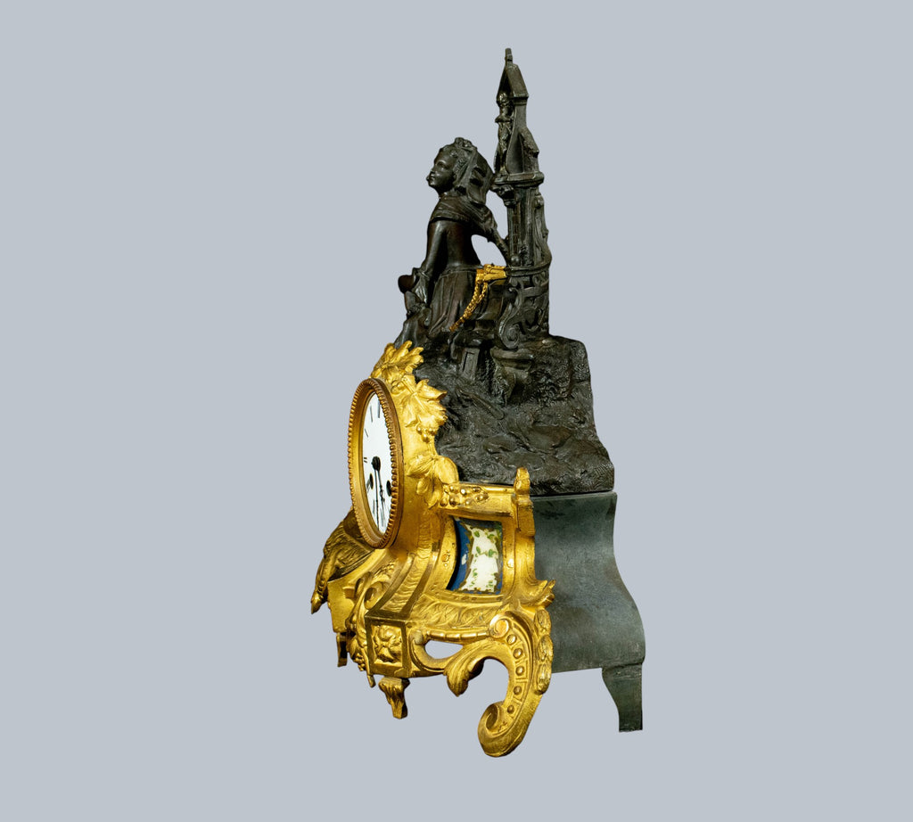 Antique French Mantle Clock, Lady Holding Child Beside Grotto,
