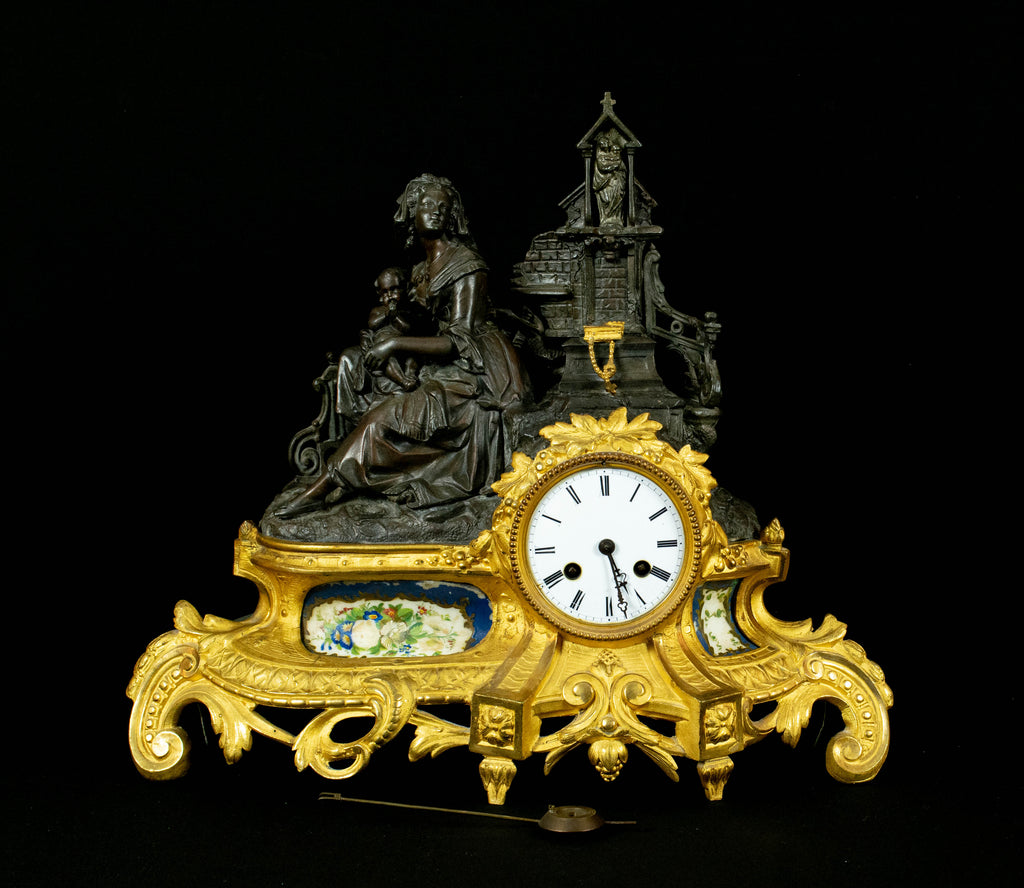 Antique French Mantle Clock, Lady Holding Child Beside Grotto,