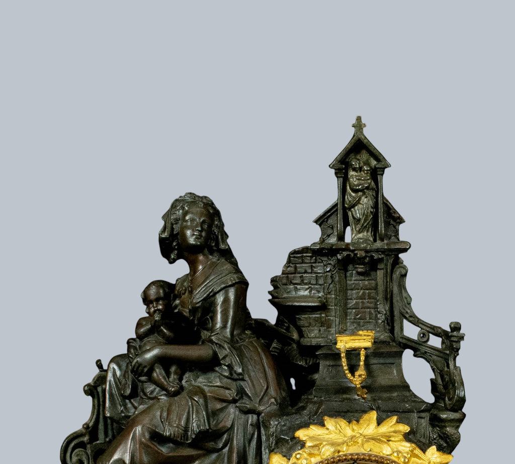 Antique French Mantle Clock, Lady Holding Child Beside Grotto,
