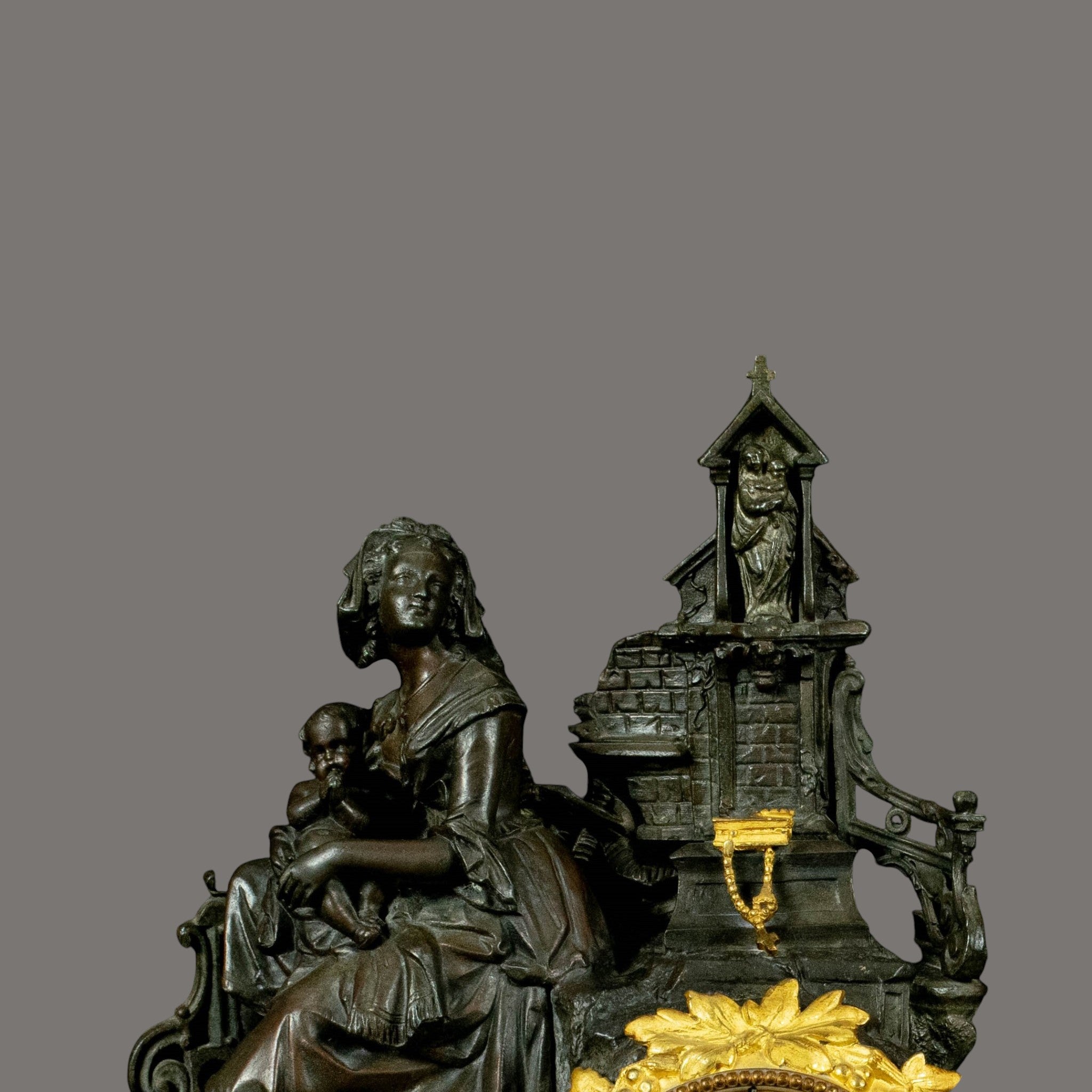 Antique Mantle Clock, 19th Century, French, Gilt Bronze – Mother & Child Figure