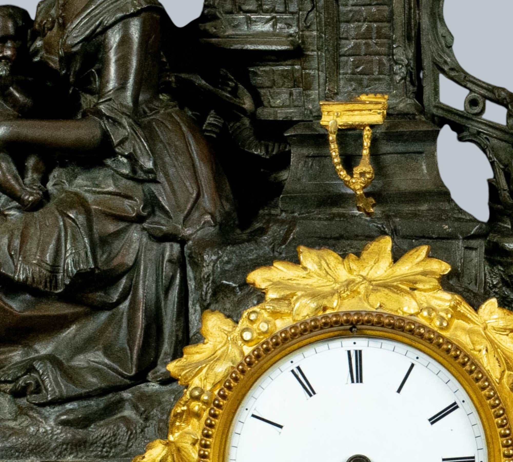 Antique French Mantle Clock, Lady Holding Child Beside Grotto,