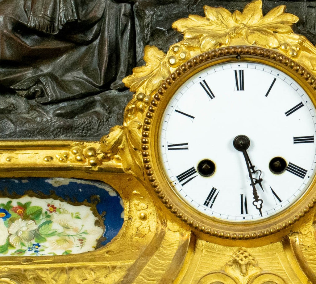 Antique French Mantle Clock, Lady Holding Child Beside Grotto,