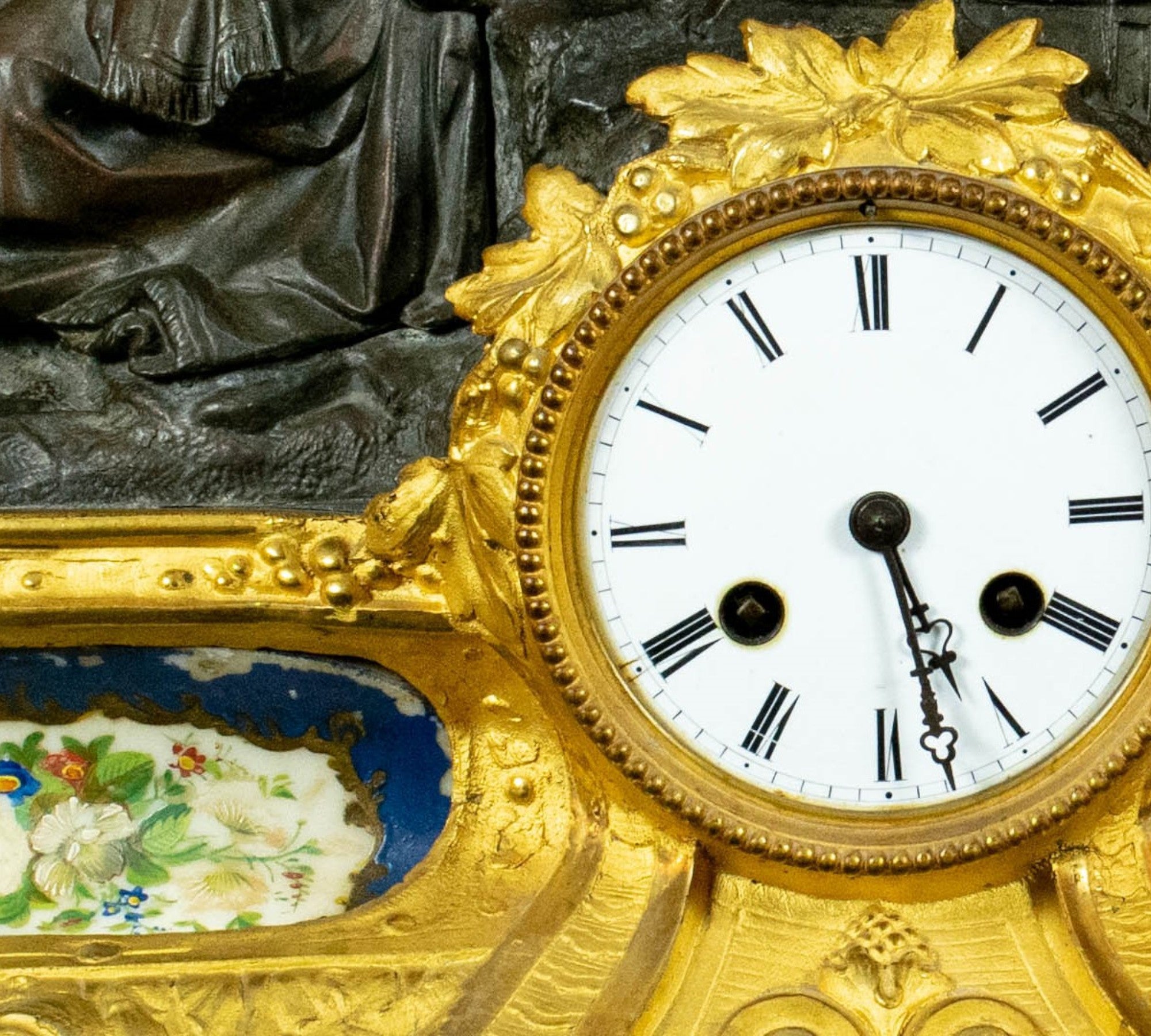 Antique French Mantle Clock, Lady Holding Child Beside Grotto,