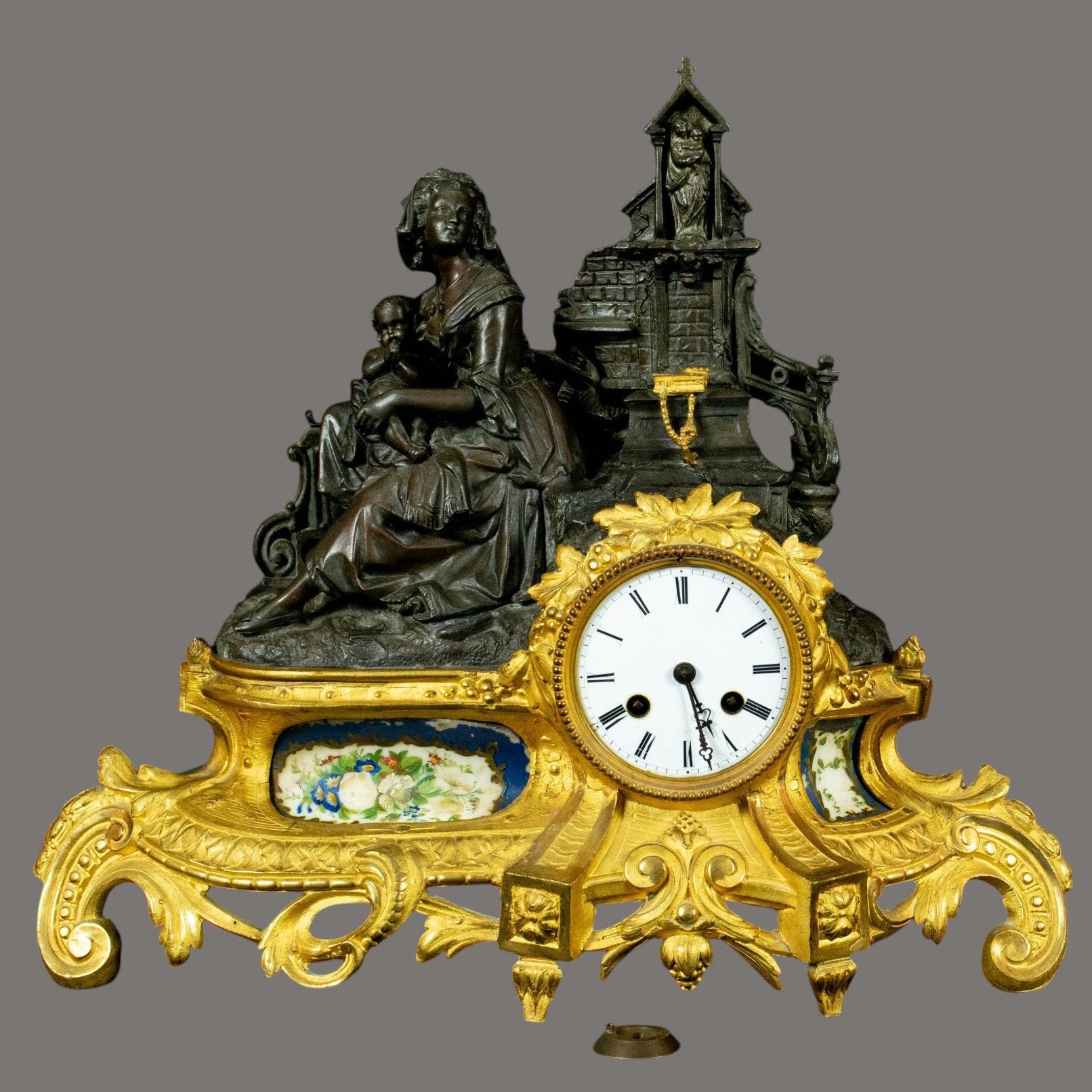 Antique Mantle Clock, 19th Century, French, Gilt Bronze – Mother & Child Figure