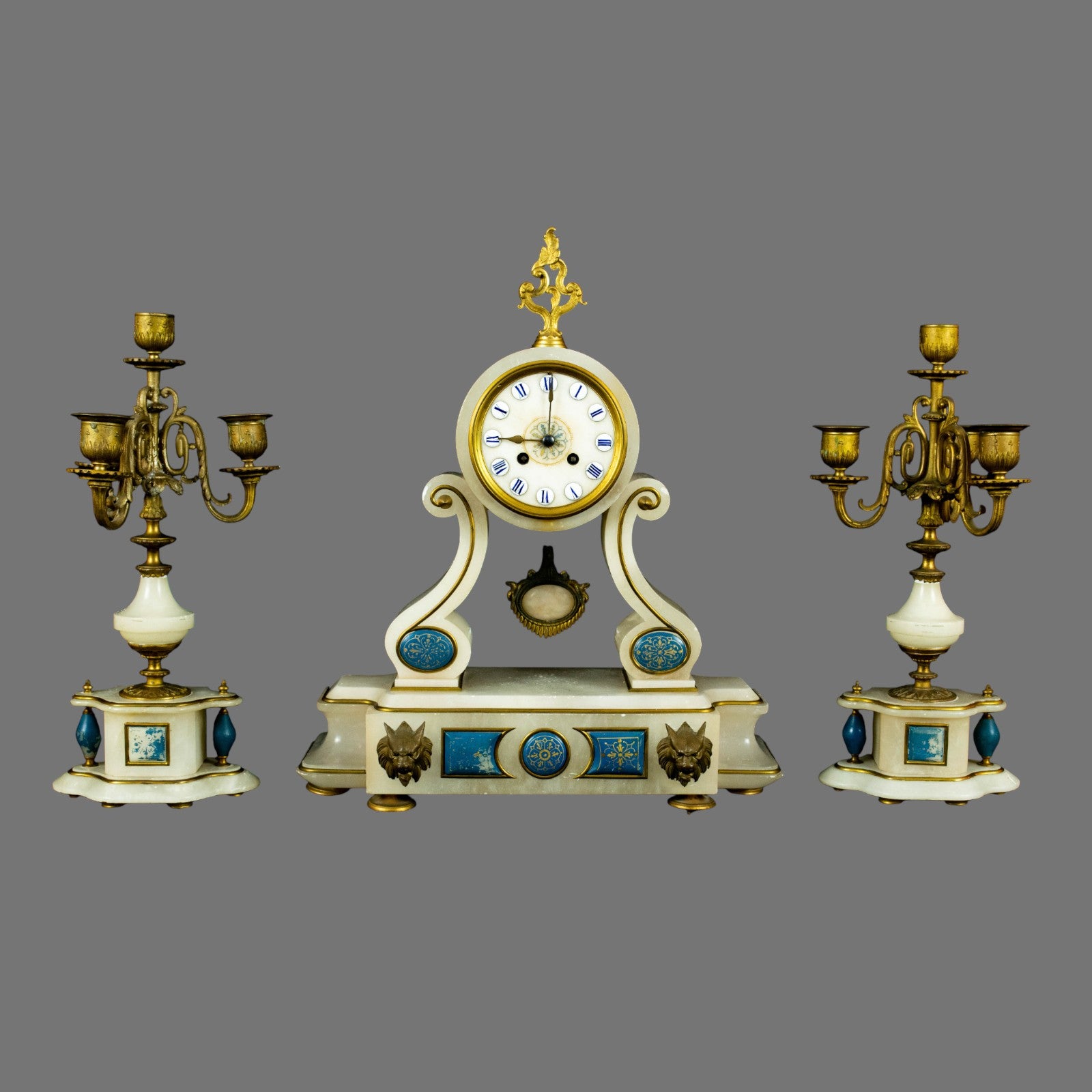 Mantle Clock, Alabaster, Garniture, 1870