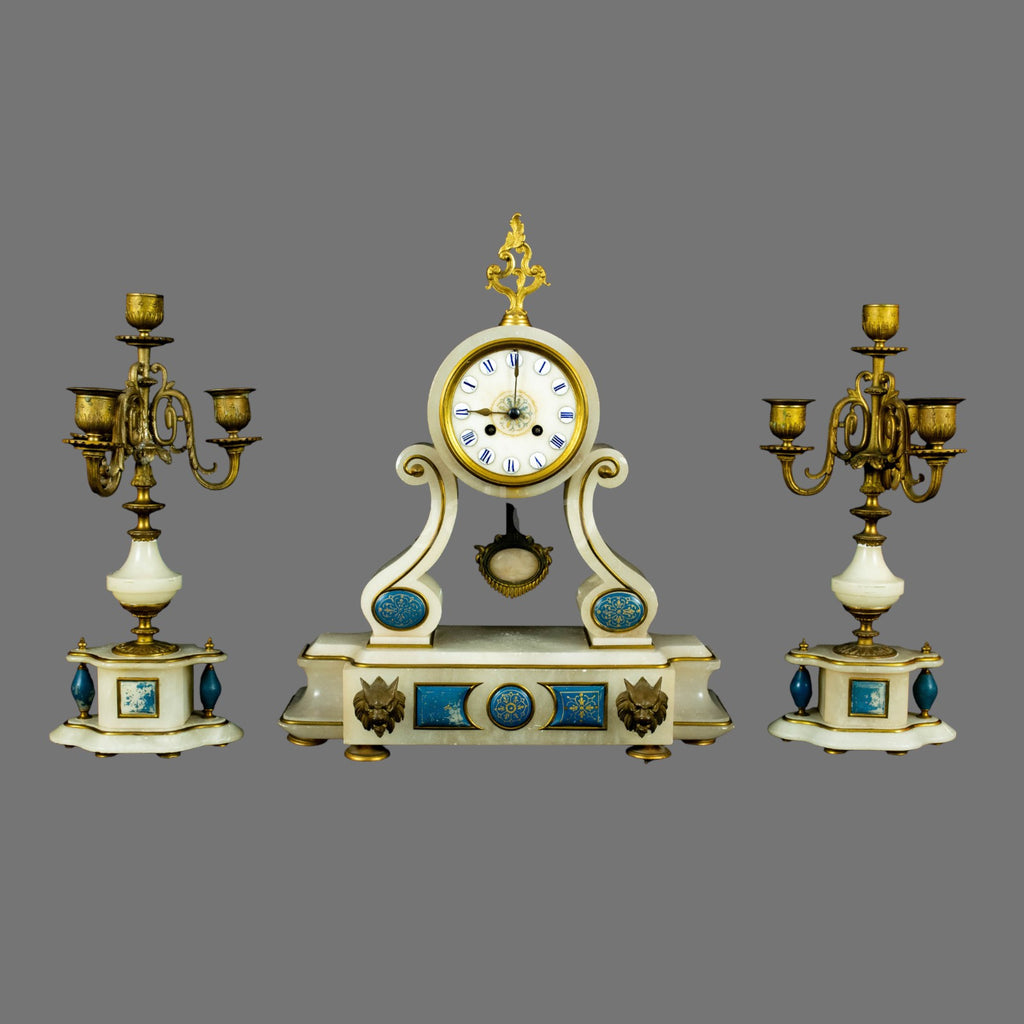 Mantle Clock, Alabaster, Garniture, 1870