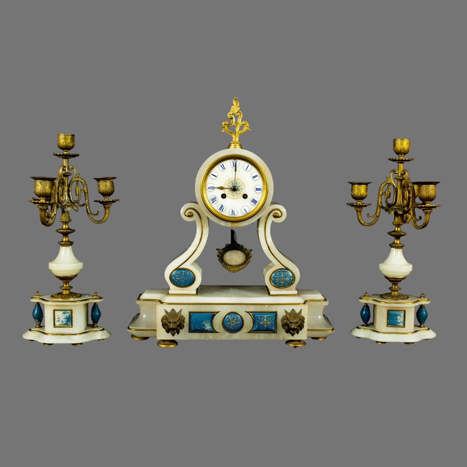 Mantle Clock, Alabaster, Garniture, 1870